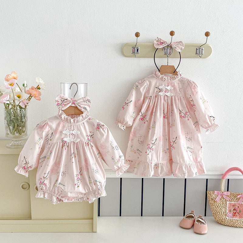 Baby Girl Retro Tang-Style Romper