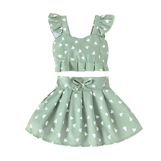 Girls' Flounced Sleeve Printed Strappy Bow Pleated Skirt Two-piece Set