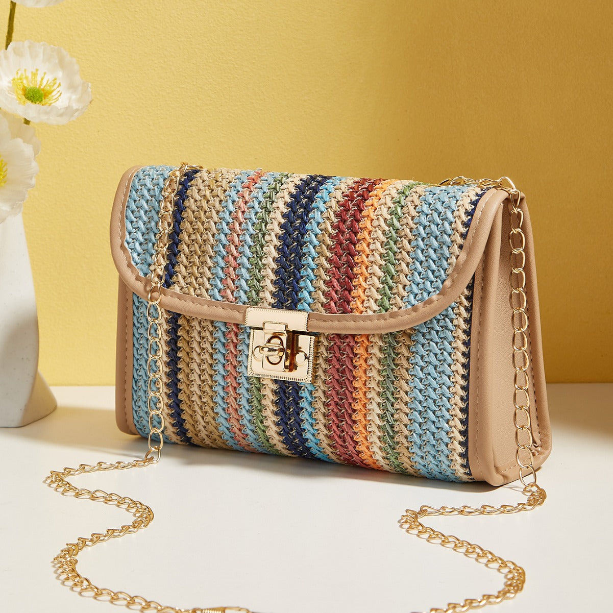 Woven Rainbow Crossbody Chain Square Bag