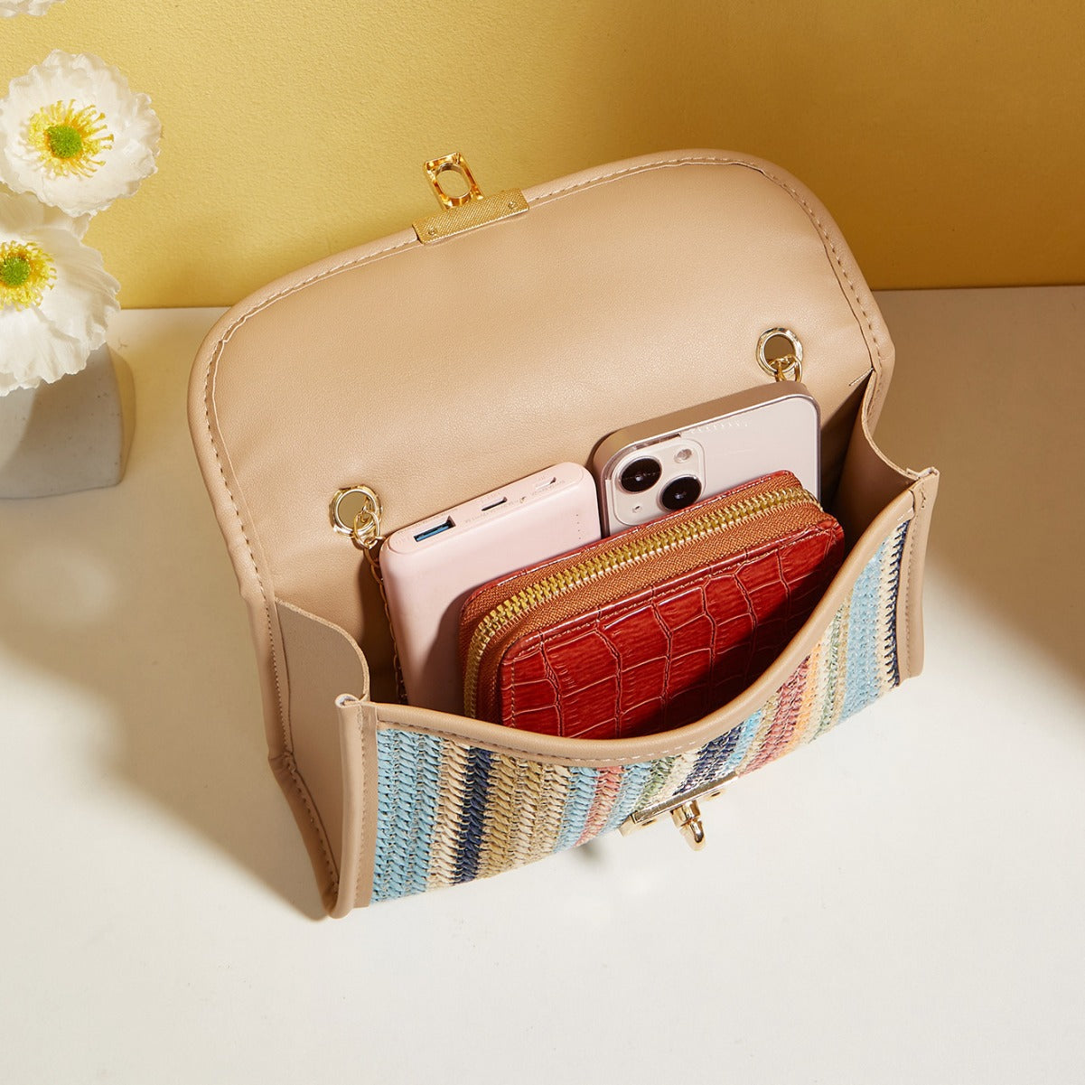 Woven Rainbow Crossbody Chain Square Bag