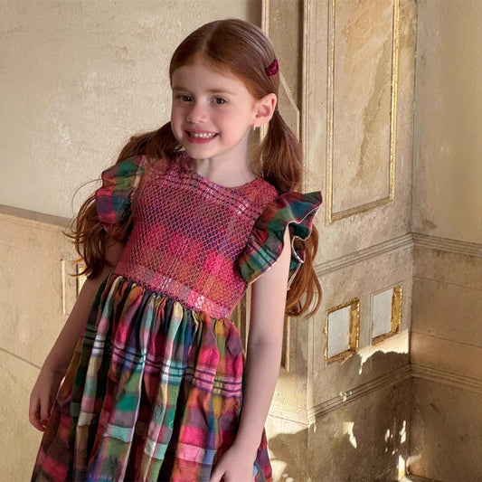 Summer Girls' Retro Plaid Sleeveless Dress