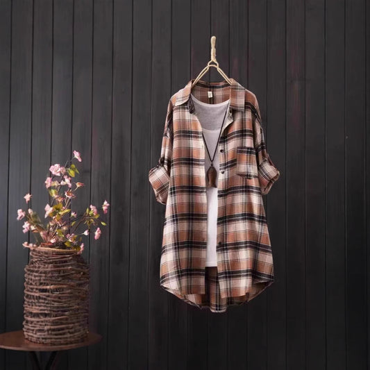 Loose And Idle Plaid Shirt Women's Mid-length Autumn Hongkong Style Coat