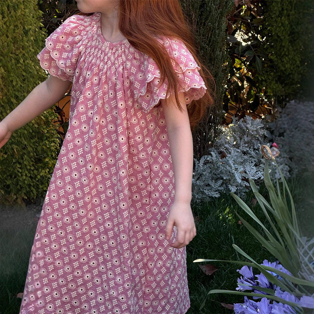 Robe Vintage Fille Broderie Manches Volants Dentelle