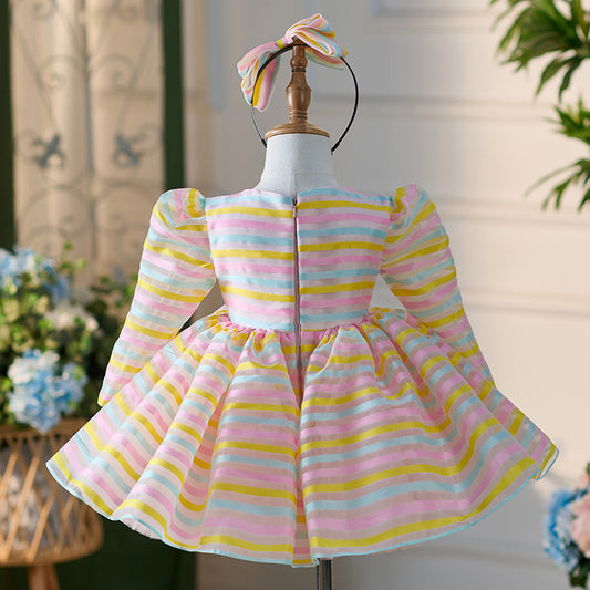 Cute Stripes Long Sleeve Umbrella Princess Dress