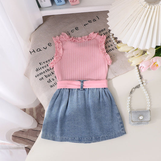 Girls Denim Skirt Three-Piece Set