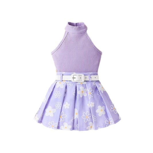 Girls' Pit Striped Halter Sleeveless Top Printed Pleated Skirt Belted Suit
