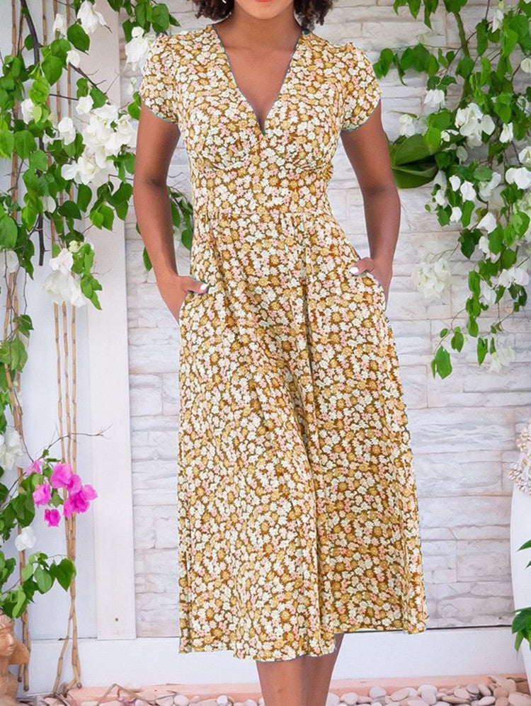 Women's Printed Pocket Bohemian V-neck Dress