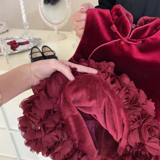 Girls' Fashion Velvet Padded Cheongsam Dress