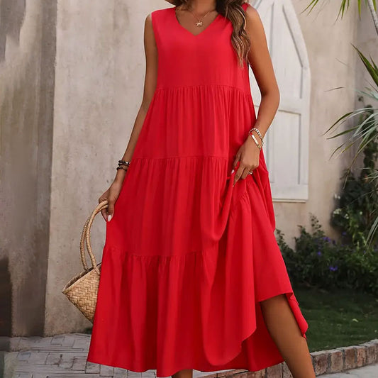 Women's Summer Solid Color And V-neck Layered Stitching Loose Dress