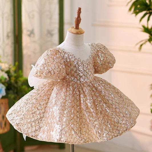Golden Sequined Puff Sleeve Princess Dress