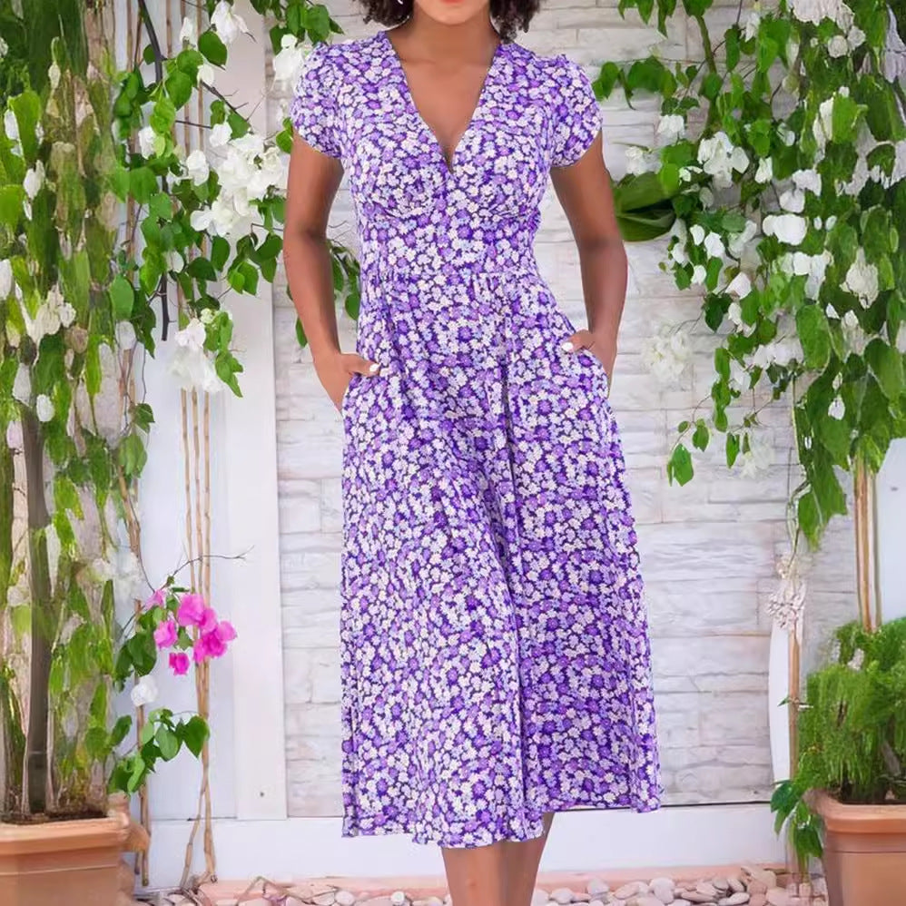 Women's Printed Pocket Bohemian V-neck Dress