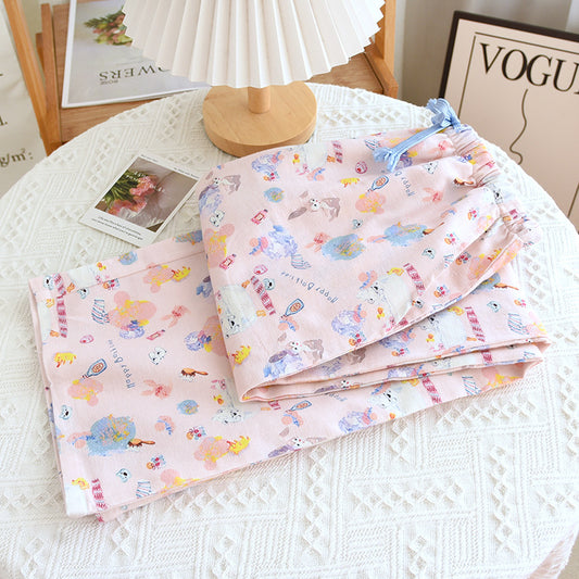 Brushed Flannel Loose Pure Cotton Cartoon Printed Pajama Pants For Women