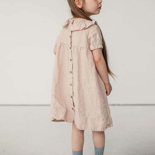 Ruffled Round Neck Waist Puff Sleeve Dress