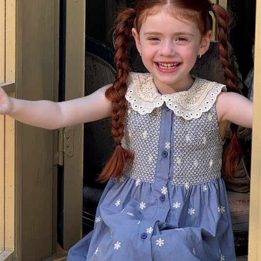 Girls Smocking Machine Embroidery Dress Sleeveless