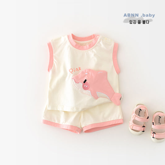 Korean Style Boys And Girls Summer Cartoon Shark Vest Suit