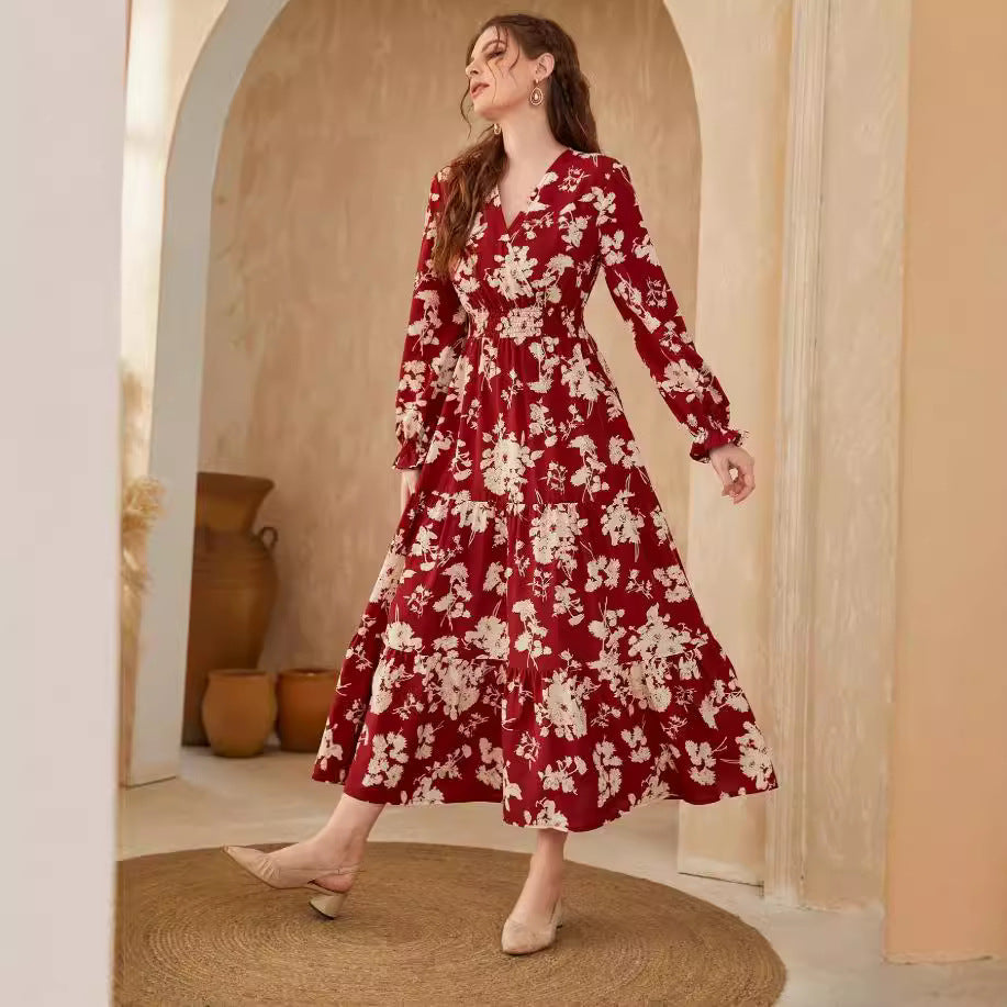 Robe Femme Col V Manches Longues à Volants