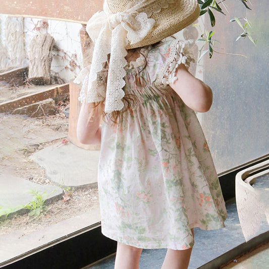 Elastic Lace Sleeve Flower Dress