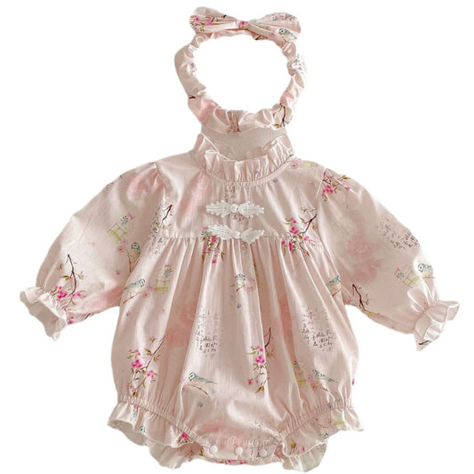 Long Sleeve Baby Girl Triangle Rompers Retro Tang Style Dress