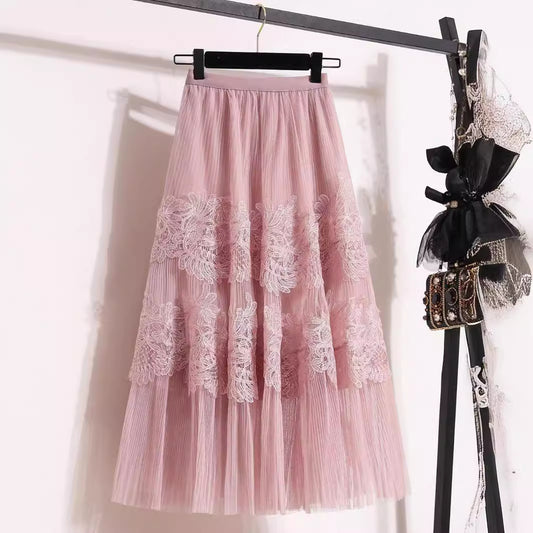 Embroidered Floral Lace Pleated A- Line Cake Dress Midi Skirt