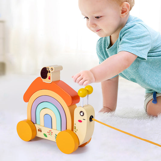 Wooden Children's Leash Snail Trailer Rainbow Building Blocks