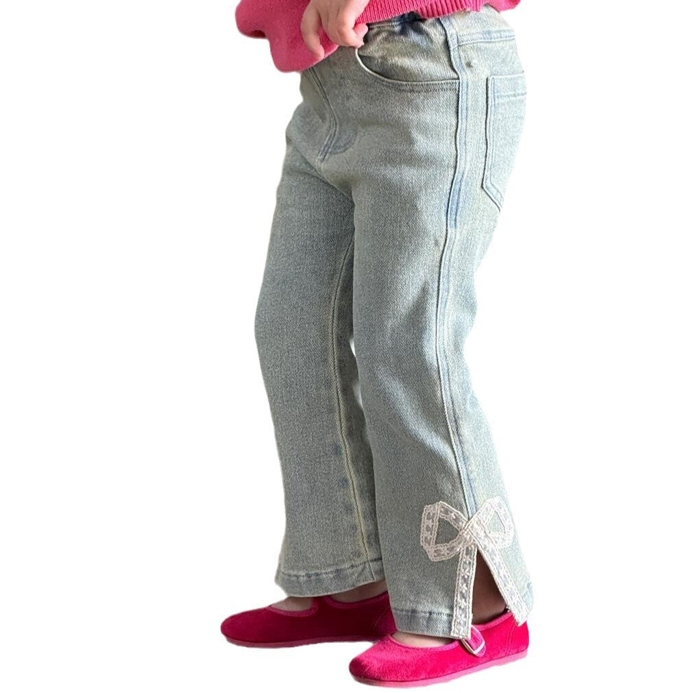 Pantalon pattes d'éléphant vintage en dentelle élastique à nœud