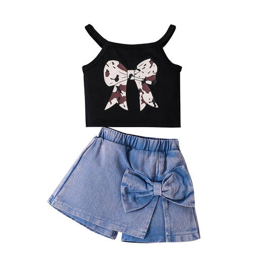 Children's Suit Bow Print Sling Pantskirt