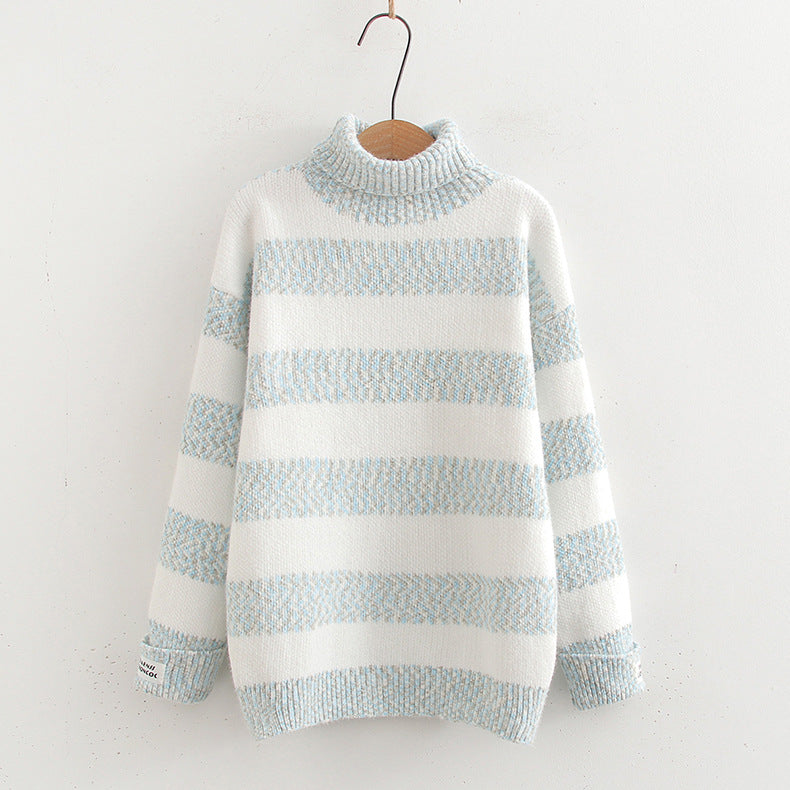 Pull tricoté femme à col roulé japonais, manches longues, rayures contrastées