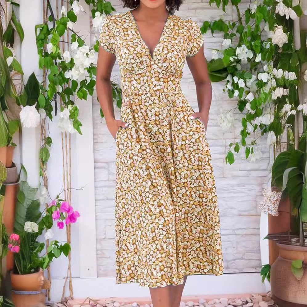 Women's Printed Pocket Bohemian V-neck Dress