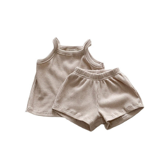 Infant CottonWaffle Suspender Shorts Suit