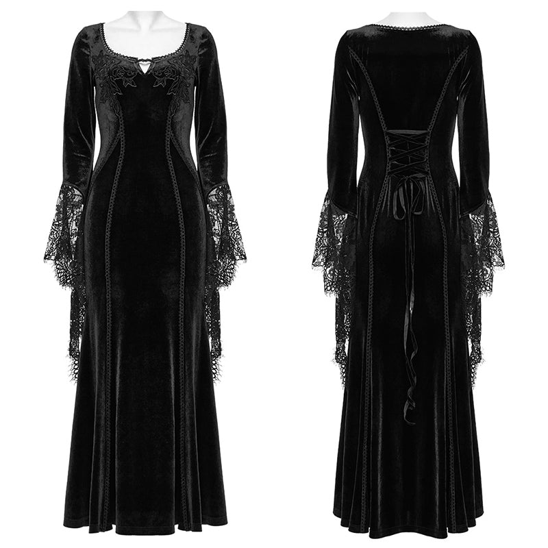 Robe noire en velours avec manches en dentelle Isolde de Punk Rave