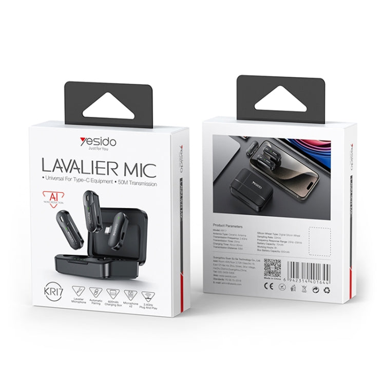 Microphone cravate sans fil 2 en 1 YESIDO KR17 avec récepteur Type-C et boîtier de charge