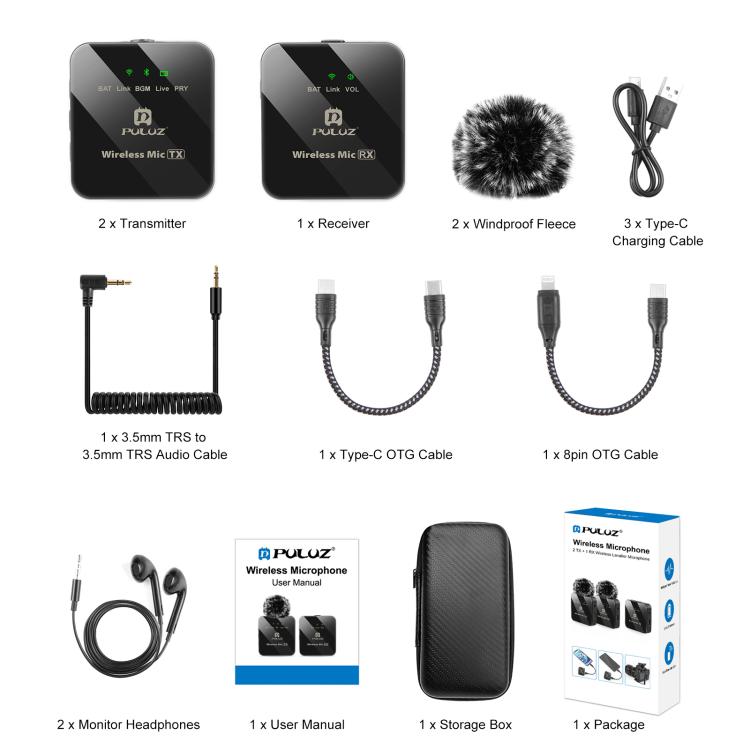 PULUZ 2 TX + 1 RX Microphone Lavalier sans Fil (Noir)