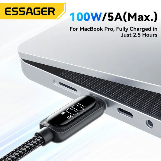 Essager 100W USB Type C Cable 5A PD Fast Charging Wire Cord For Macbook iPad iPhone 16 15Pro Samsung Xiaomi Digital Display Wire