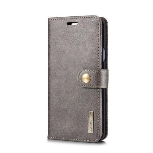 DG.MING pour Galaxy S9+ Étui de protection magnétique amovible à rabat horizontal en cuir de cheval fou avec support et fentes pour cartes et portefeuille (Gris)