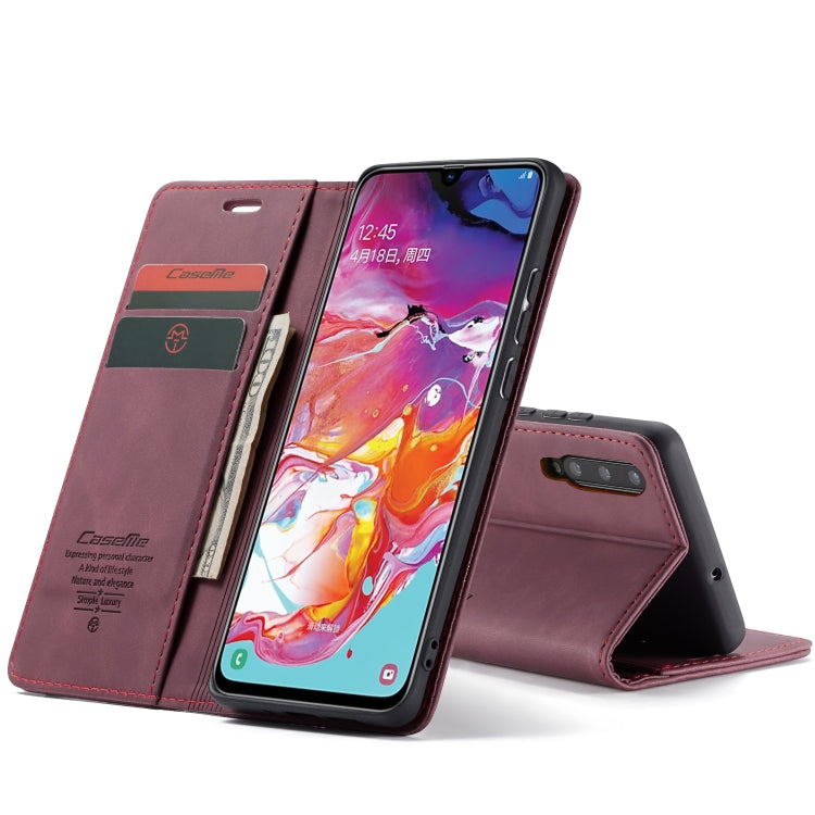 CaseMe-013 Multifunctional Retro Frosted Horizontal Flip Leather Case for Galaxy A70, with Card Slot & Holder & Zipper Wallet & Photo Frame(Wine Red)