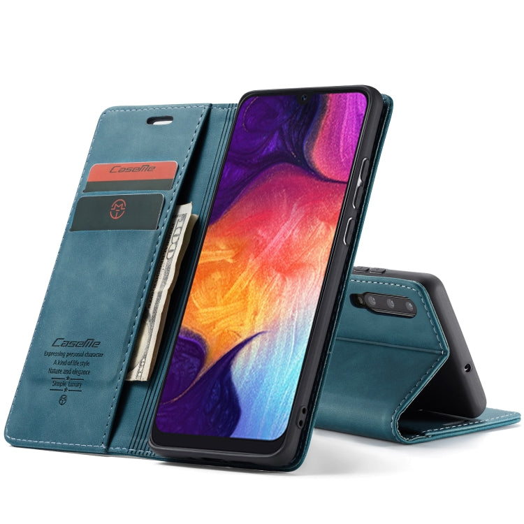 CaseMe-013 Multifunctional Retro Frosted Horizontal Flip Leather Case for Galaxy A30S / A50S / A50, with Card Slot & Holder & Zipper Wallet & Photo Frame(Blue)