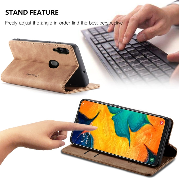 Étui en cuir à rabat horizontal givré rétro multifonctionnel CaseMe-013 pour Galaxy A40, avec fente pour cartes, support et portefeuille (marron)