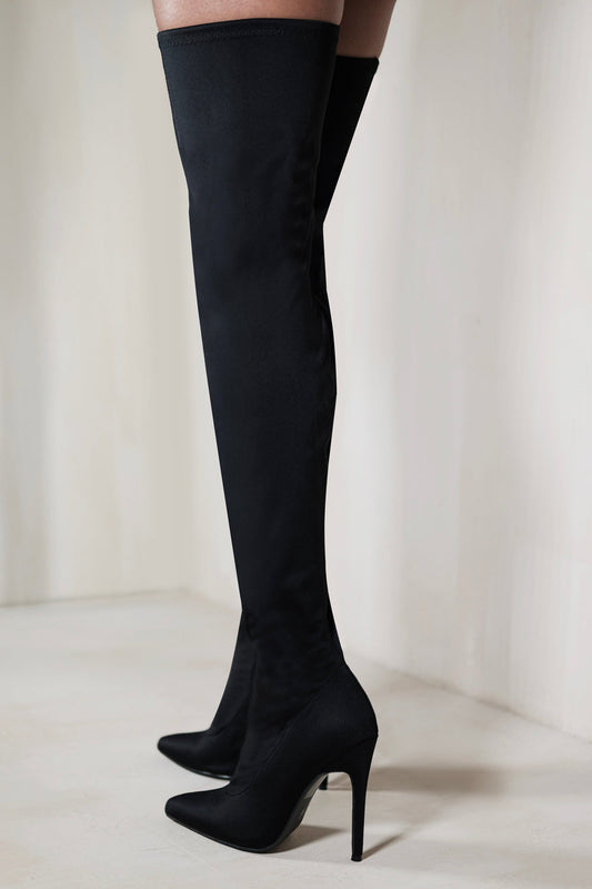 ALIVIA OVER THE KNEE HIGH HEEL BOOT WITH KNITTED LEG IN BLACK LYCRA