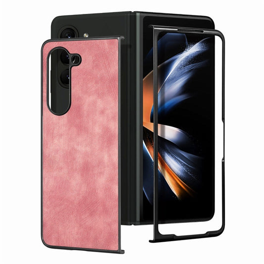 Pour Samsung Galaxy Z Fold6 JUNSUNMAY Coque de Téléphone Pliable en Cuir PC à Motif Rétro (Rose)
