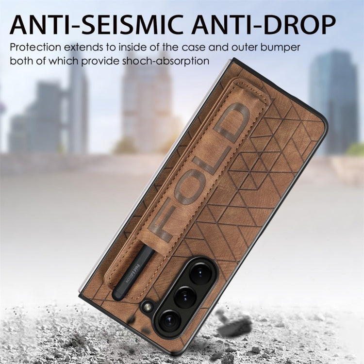 For Samsung Galaxy Z Fold6 JUNSUNMAY Retro Pattern Leather Skin PC Folding Phone Case with Pen Slot(Brown)
