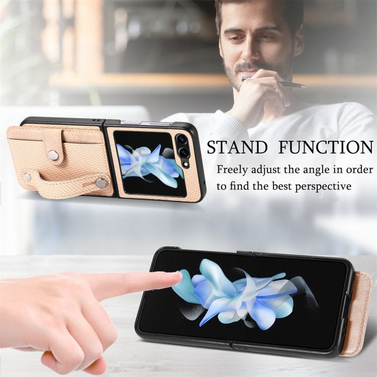 For Samsung Galaxy Z Flip6 / Flip7 FE JUNSUNMAY Carbon Fiber Pattern Leather Skin PC Folding Phone Case(Khaki)