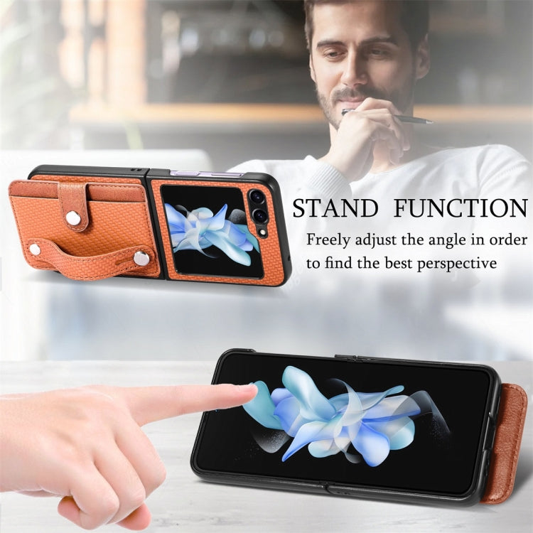 For Samsung Galaxy Z Flip6 / Flip7 FE JUNSUNMAY Carbon Fiber Pattern Leather Skin PC Folding Phone Case(Brown)