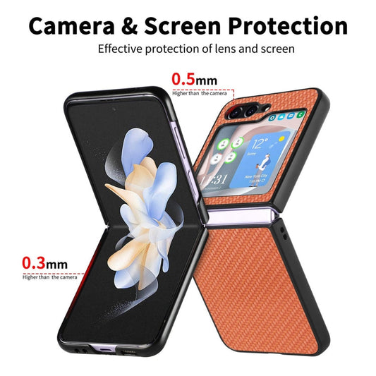 For Samsung Galaxy Z Flip6 / Flip7 FE JUNSUNMAY Carbon Fiber Pattern Leather Skin PC Folding Phone Case(Khaki)