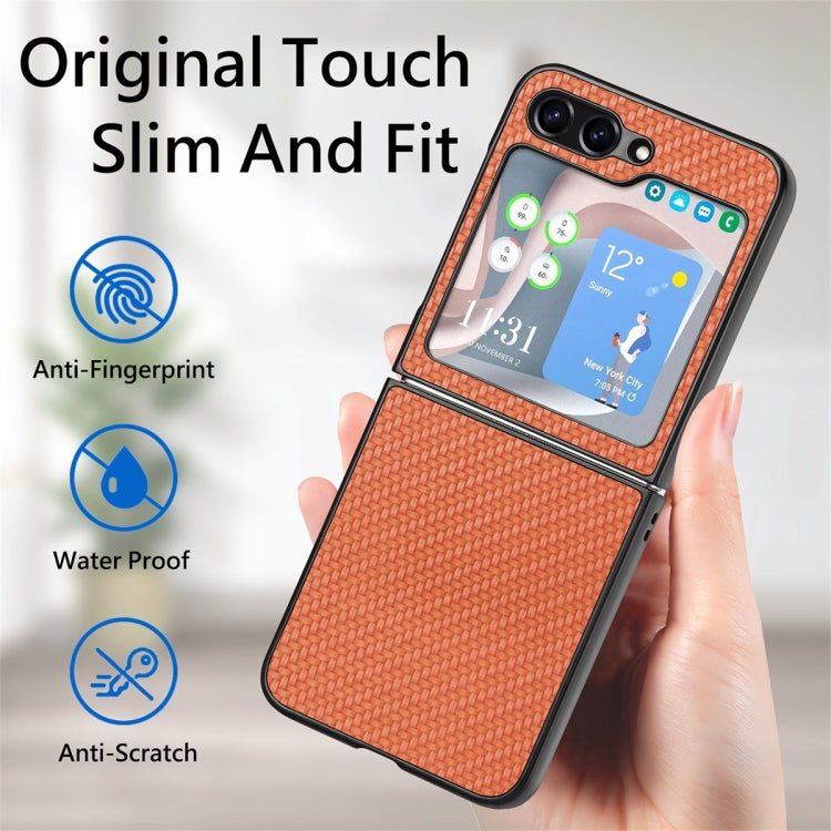 For Samsung Galaxy Z Flip6 / Flip7 FE JUNSUNMAY Carbon Fiber Pattern Leather Skin PC Folding Phone Case(Khaki)