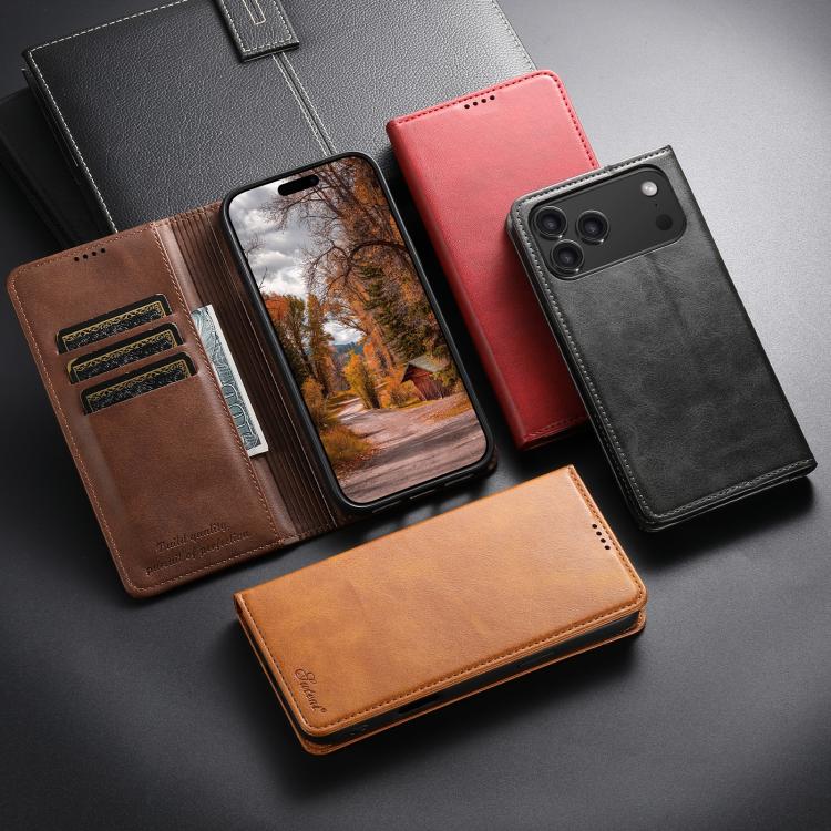 Pour iPhone 16 Plus Étui de téléphone en cuir à rabat horizontal texture veau Suteni (kaki)
