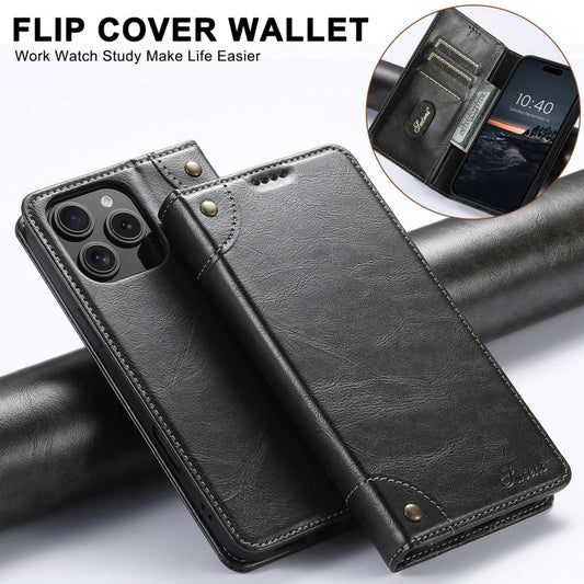 For iPhone 16 Suteni Baroque Calf Texture Buckle Wallet Leather Phone Case(Black)