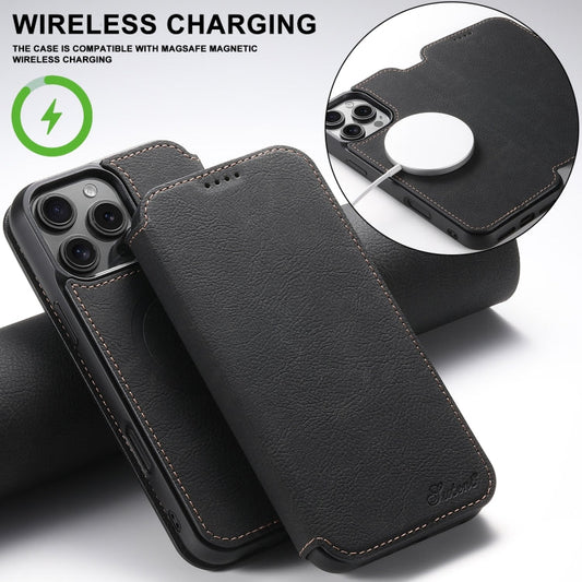 For iPhone 16 Pro Suteni J06 Retro Matte Litchi Texture Leather MagSafe Phone Case(Black)