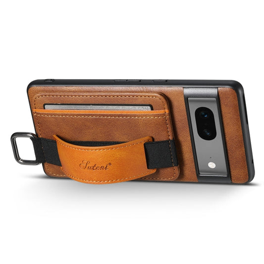 Pour Googel Pixel 8a Étui portefeuille à rabat en cuir PU avec dragonne Suteni H13 (marron)