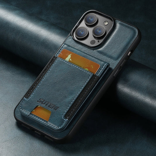 Pour iPhone 15 Étui portefeuille en cuir ciré Suteni H03 avec béquille (Bleu)