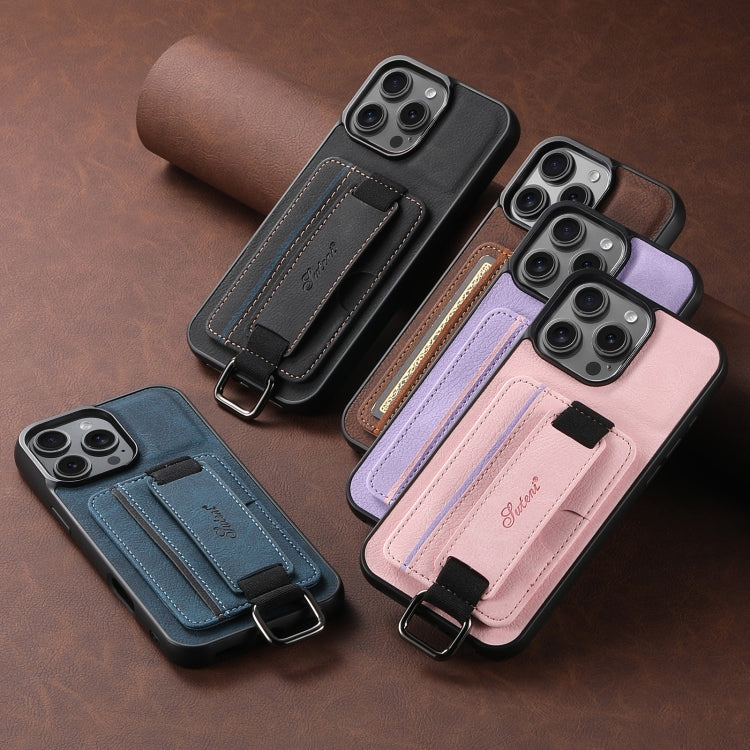 Pour iPhone 16 Pro Suteni H13 Étui portefeuille en cuir Litchi avec dragonne (Noir)
